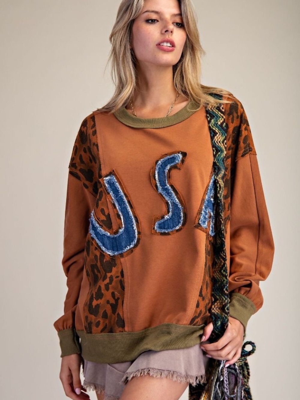 NEW EASEL AMERICA USA PATCH MINERAL WASH PULLOVER SWEATSHIRT ANIMAL BROWN